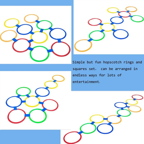 Hopscotch Squares and Ring Games - 11in/15in with 25 Connectors for Kids - Balance Agility Training Obstacle Course