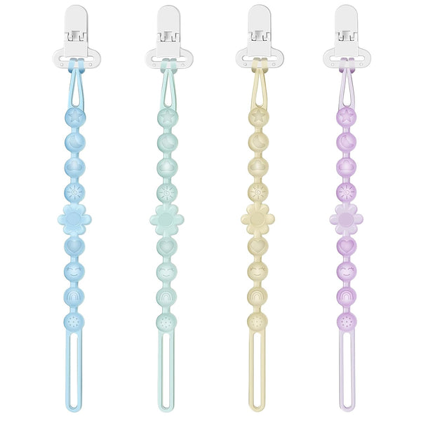 Silicone Pacifier Clip Holder with One-Piece Beads, 4 Packs Soft Flexible and