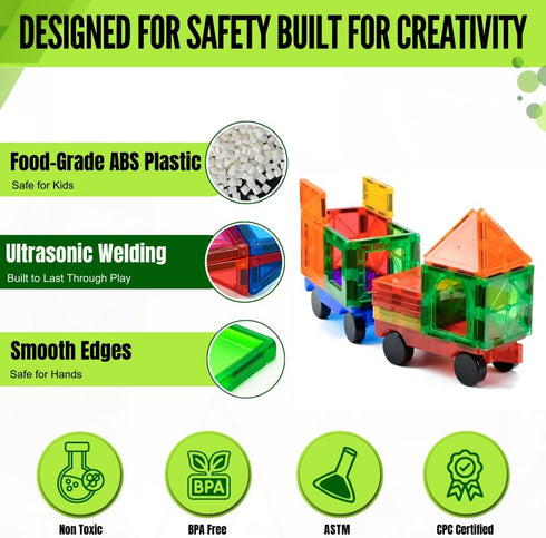 100 2 Magnetic Tiles pcs with Cars, STEM Building Blocks for Kids, Educational Gift, Magnet Construction Toys