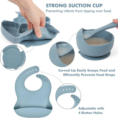 mraisebossup Set 15 Silicone Baby Feeding PcsBaby Plates,Baby Spoons Suction Bowl Divided Plate Bib Cup Finger Brush