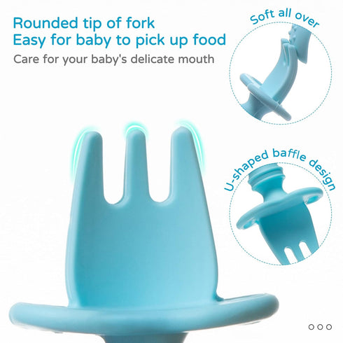 Silikong Silicone Utensils - Baby Fork and Spoon Set, Training Utensils for Ages 6 Months, Blue