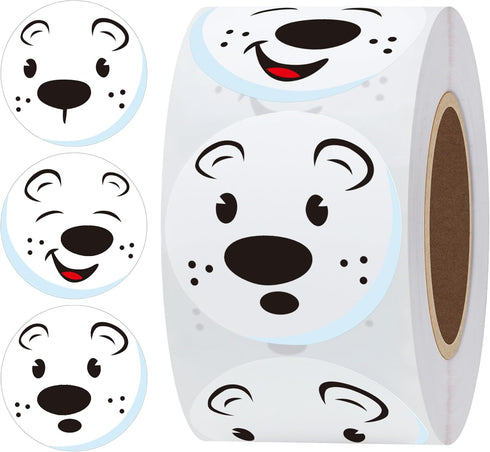 Hybsk Cute Polar Bear Face Stickers, 1.5" Round Cartoon White Bear Labels, 500pcs per Roll, Animal Stickers