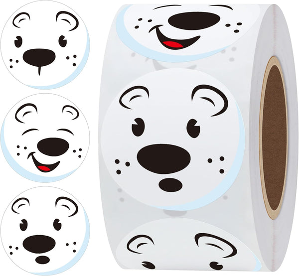 Hybsk Cute Polar Bear Face Stickers, 1.5" Round Cartoon White Bear Labels, 500pcs per Roll, Animal Stickers