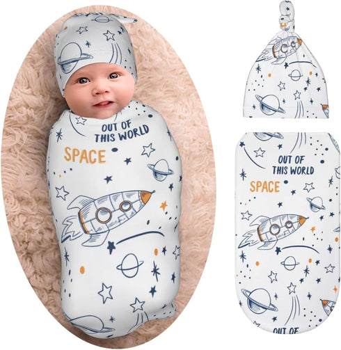 Space Baby Stuff Swaddle Blanket with Beanie Set, Soft Stretchy Cartoon Rocket Baby Receiving Blanket for Boy and Girl
