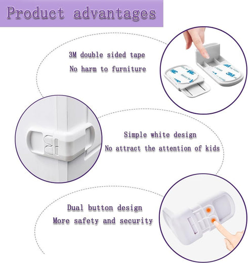 DHinkyoung 4 Pcs Safe Drawer Locks, Update Child Proof Cupboard Locks, Dual-button Baby Proofing Corner Locks