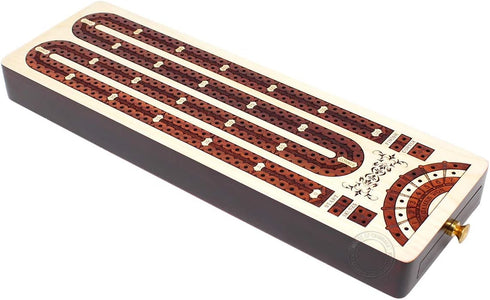 2 Track Continuous Cribbage Board - Inlaid in Bloodwood, Size: 12.5 Inches with Storage Drawer for Pegs and Score