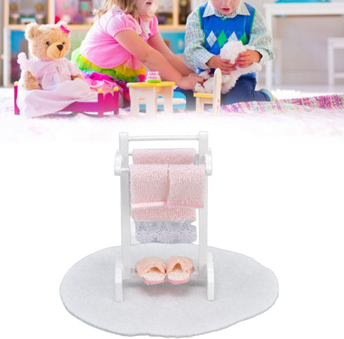 1:12 Miniature Bath Towel Rack with Rug Set - Dollhouse Bathroom Furniture Accessories for Realistic Decor