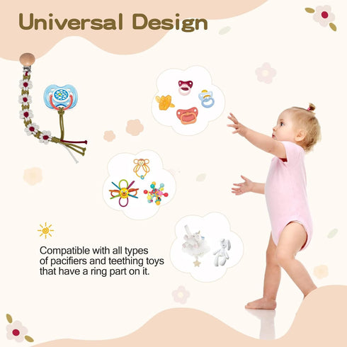Braided Pacifier Clip for Boys and Girls Floral Daisy Macrame Paci Clip, Handmade Cotton Binky Clips Baby Gift
