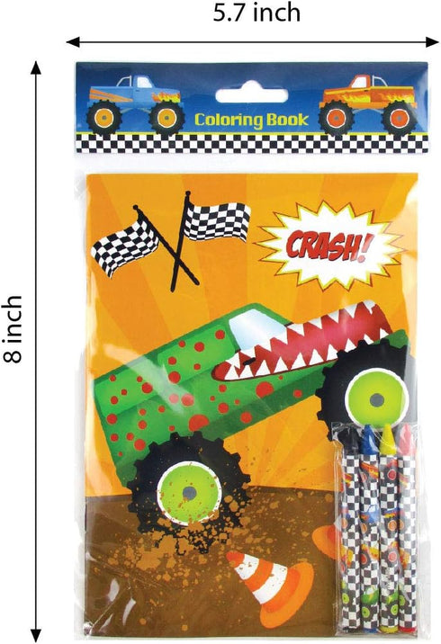 Set 12 48 TINYMILLS Monster Truck Coloring Book with Coloring Books and Crayons Monster Truck Birthday Party Supplies