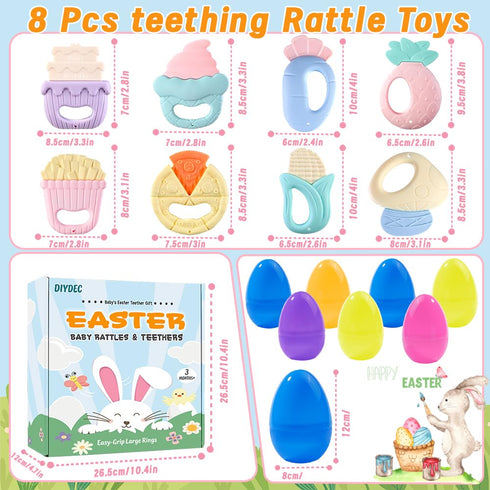 8PCS 3+ DIYDEC Prefilled with Easter Eggs Teething Toys, Baby Rattles Teether Toys Party Favors for Kids Silicone