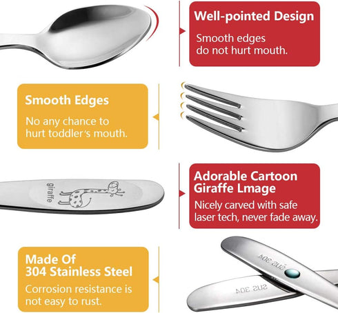 4 Piece Stainless Steel Toddler Utensil Set, Safe Kid Silverware Set for Self Feeding, Cartoon Toddler Forks and