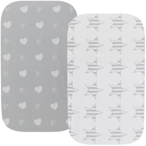 Waterproof Changing Pad Cover Set - 2 Pack Stretch Jersey Knit, Super Soft Grey Love & Stars