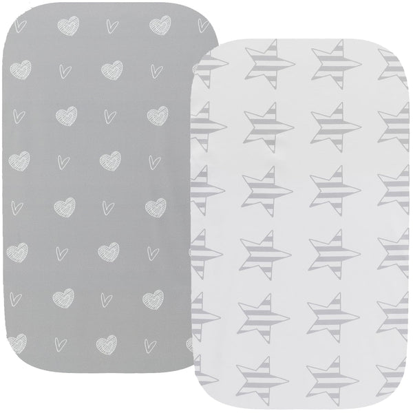 Waterproof Changing Pad Cover Set - 2 Pack Stretch Jersey Knit, Super Soft Grey Love & Stars