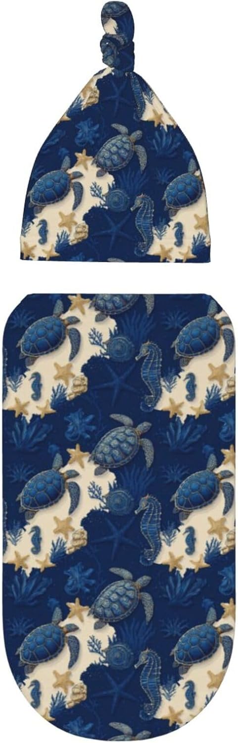 Sets Turtle Starfish Seahorse Newborn Swaddle Blankets Hat Soft Baby Receiving Blanket Swaddle Sack for Baby Shower