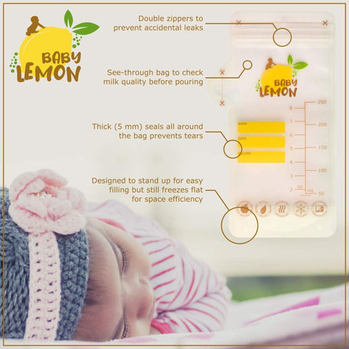 8 oz, 100 Baby Lemon Breast Milk Storage Bags with Spout - Bags, Extra Thick, Leak Proof, Pre-sterilized, Ready to Use