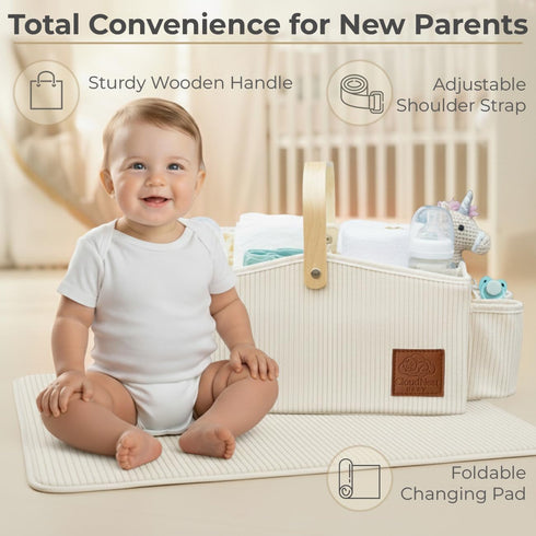 Diaper Caddy Organizer With Portable Changing Mat, LED Night Light, Wooden Handle & Shoulder Strap - Stylish Nursery