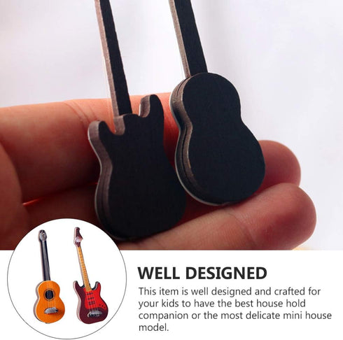 Toyvian 2Pcs Miniature Guitar Dollhouse Musical Instrument, Wood Bass Guitar Model Ornament