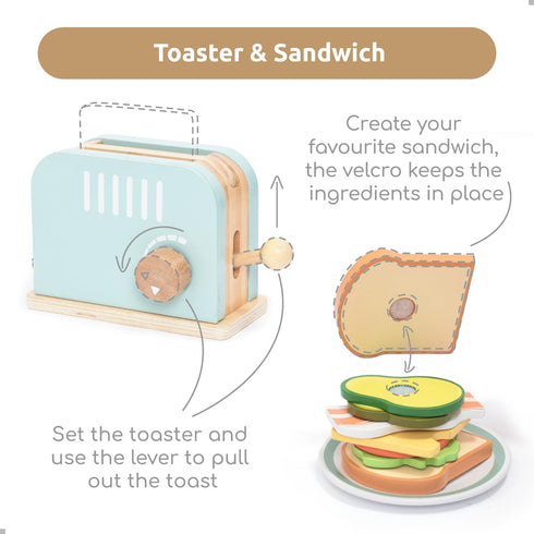 Set 3 4 5 6 UMU Wooden Toaster & Sandwich Play Includes Pop-up Toaster, Sliceable Butter, Kitchen Accessories & More