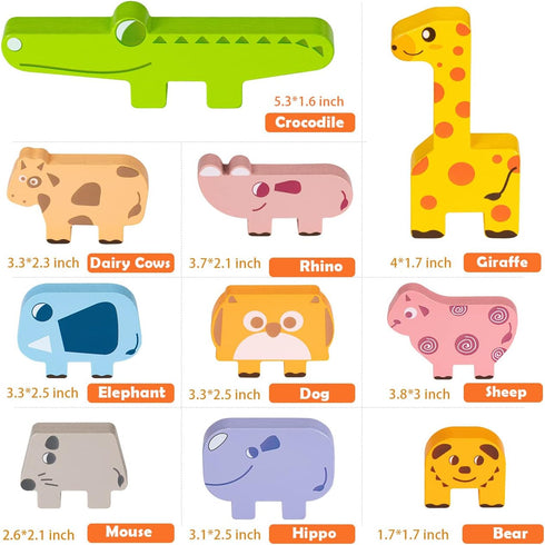 Montessori Toys for 2-4 Year Olds, 10pcs Wooden Animal Blocks Sorting & Stacking Educational Toys for Toddlers Gifts