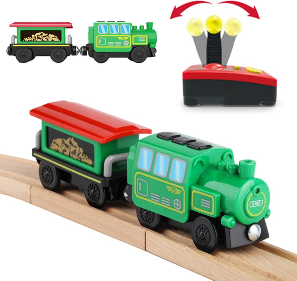 Battery Operated Locomotive Train Set for Wooden Tracks, Electric Remote Control Cars with Light & Sound