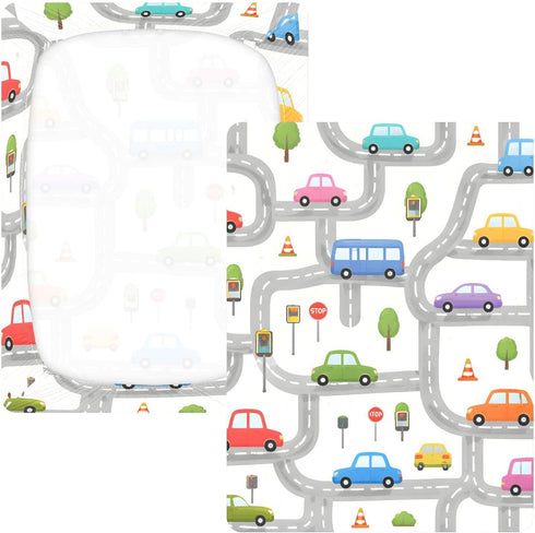 CZXW 52" 28" Cartoon Road Cars Crib Sheets Fitted x Natural Cotton Soft & Breathable for Baby Crib Mattress