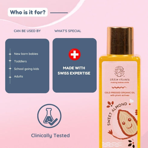 100 ML Little Rituals Sweet Almond Baby Massage Oil and Hair Oil, Cold Pressed, Certified Organic, Dermatologist