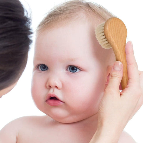 Set Grooming Kit with Soft Wool Scalp Brush and Comb for Newborns and Gentle Hair Care Bath and Massage Tool
