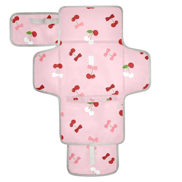 Jihqo Diaper Changing Pad Cherries with Pink Bows Portable Diaper Mat with Built-in