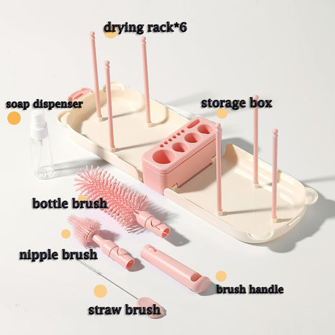 6 In1 Set Baby Bottle Brush Kit,Portable Silicone Bottle Brush Cleaner with Straw Brush,Nipple Brush,Drying Rack,Soap