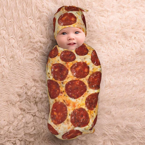 Burrito Pizzas Newborn Swaddling Blanket Beanie Hat Sets, Soft Baby Receiving Funny Food Blanket, Soft Sleeping Bag for