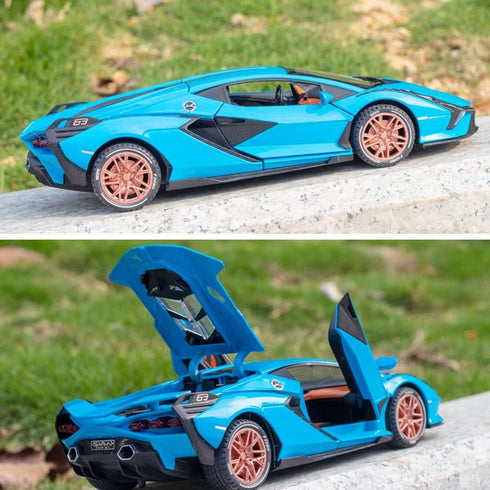 1/24 Diecast Car Toys for Kids - Zinc Alloy Lambo Sian FKP 37 Model Toy Car with Light and Sound (Blue)