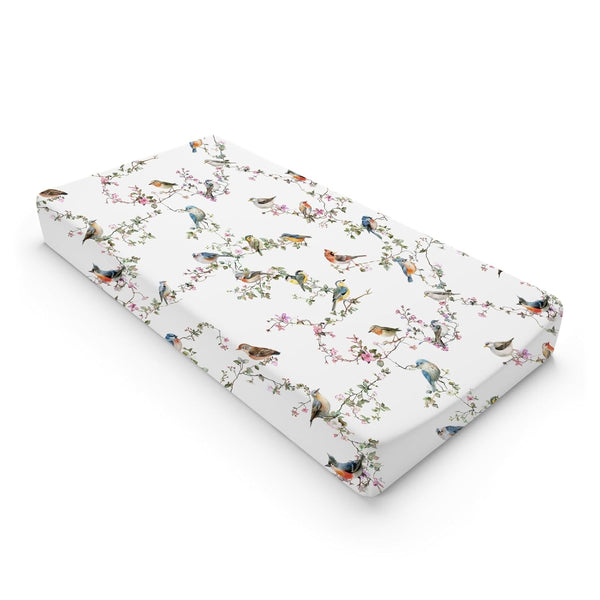 Watercolor Sparrow Spring Floral Changing Pad Covers, Birds Flowers Leaves for Boy Girl, Soft Stretchy 32''x16''