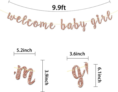 Welcome Baby Girl Banner - Rose Gold Glitter for Baby Shower, Gender Reveal Party Decorations