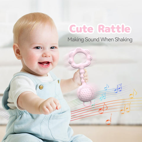 Teething Toys for Babies 6-12 Months, 2-in-1 Rattle and Teether Toy for Soothing Sore Gums, Food Grade Silicone