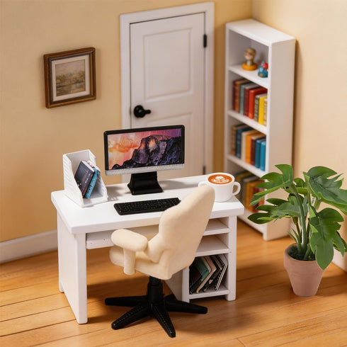 1:12 Set 14pcs DIYDEC Scale Miniatures Office Desk Dollhouse Office Including Mini Computers Desks Office Chair