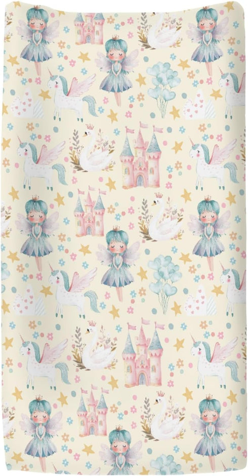 ZoUbqchY 32''16'' Watercolor Fairies Yellow Changing Pad Covers for Baby Girls Boys Pastel Princess Castle Floral Stars