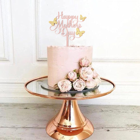 6 pcs Acrylic Cake Topper, Happy Mother's Day Decorative Party Cake Decoration with Rose Gold Butterfly