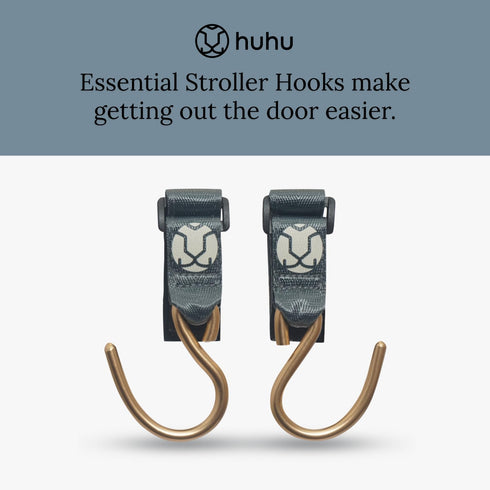 Huhu Essential Stroller Hooks - Lightweight Aluminum Stroller Bag Hook with Adjustable Straps, Matte Gold S-Hooks