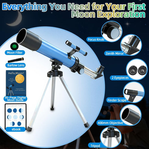 Luzsco 50mm 100x 2 6-12, Telescope for Kids Magnification Beginner Telescopio with Tripod, Eyepieces & Finder Scope