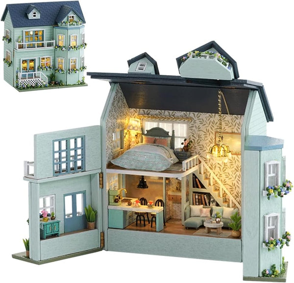 Montidey DIY Miniature Wooden Dollhouse Furniture Kit,Mini Handmade Doll House with LED,1:24 Scale