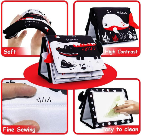 Tummy Time Mirror with Soft Book, Black and White High Contrast Baby Toys for Crawling
