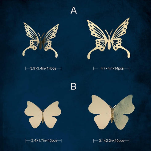 Champagne Gold Butterfly Decoration 3D Wall Decals by pinkblume, 48PCS Removable Metallic Art Sticker for Home Decor
