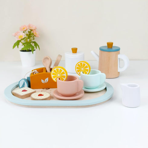 Set Set PairPear Wooden Tea for Little Girls, Wooden Toys Toddler Tea Play Kitchen Accessories for Kids Tea Party