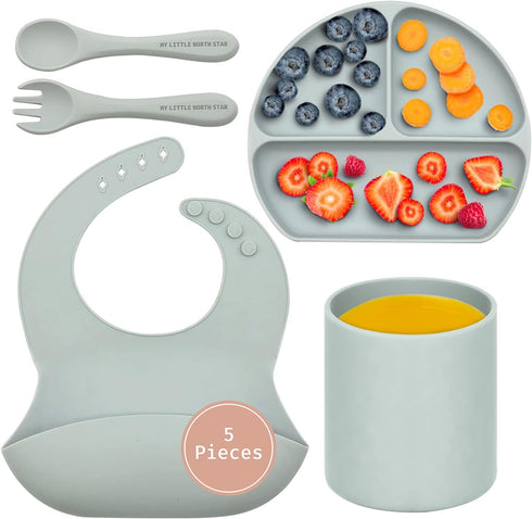 Baby Silicone Feeding Set - (5 Pack) Baby Bib, Suction Divided Plate, Self Feeding Spoon & Fork