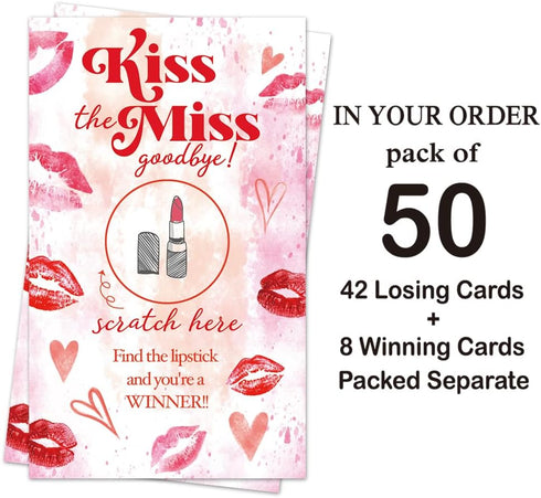 50 Pack Kiss The Miss Goodbye Scratch Off Game - Lipstick Scratch Cards for Bachelor Party and Bridal Shower