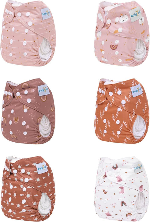 Tummy Pack 13, 6 6 babygoal AWJ Cloth Diapers with Panel of Diaper Cover with Inserts and Wet Dry Bag, Adjustable
