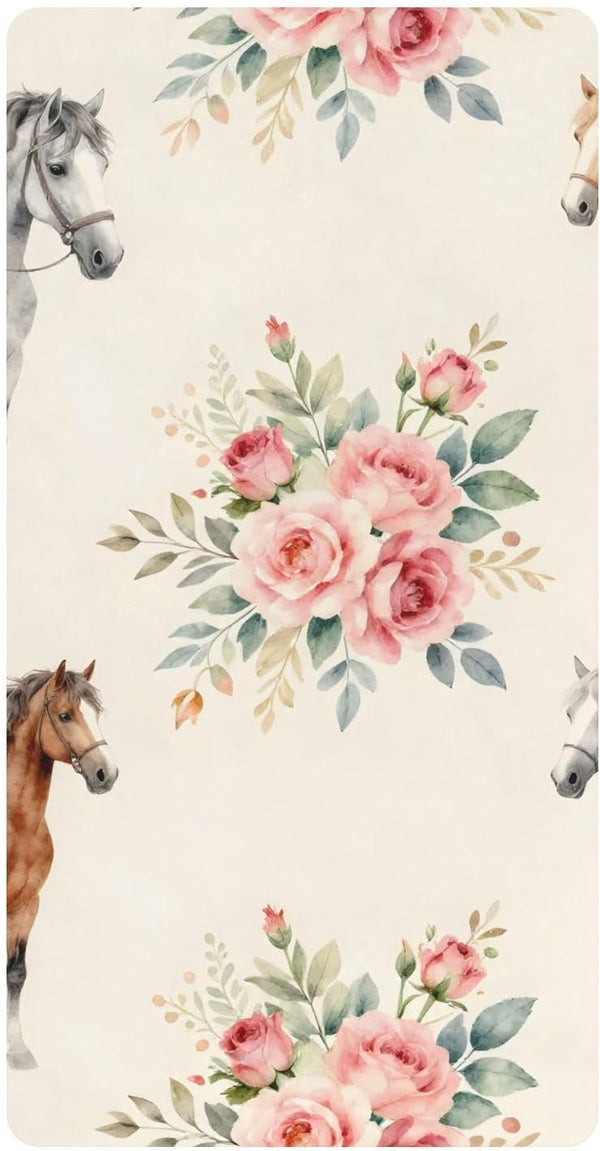 CZXW Watercolor Horses and Flowers Crib Sheets Fitted 52" x 28" Natural Cotton