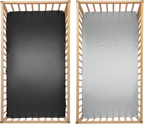 SiinvdaBZX 2 Pcs Satin Mini Crib Sheets, Silky Soft 38 x 24In, Great for Baby Hair (Light Grey & Black)