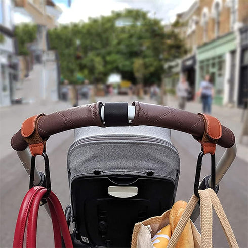 jojobasec Portable Stroller Hooks Adjustable PU Leather Clip Your Purse Shopping Diaper Bags on Pram