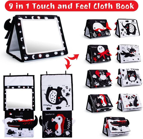 Tummy Time Mirror, Baby Tummy Time Toys with Soft Book, Black and White High Contrast Baby Toys, 3D Activity Sensory Montessori Toys Crawling Mat by Oarifun